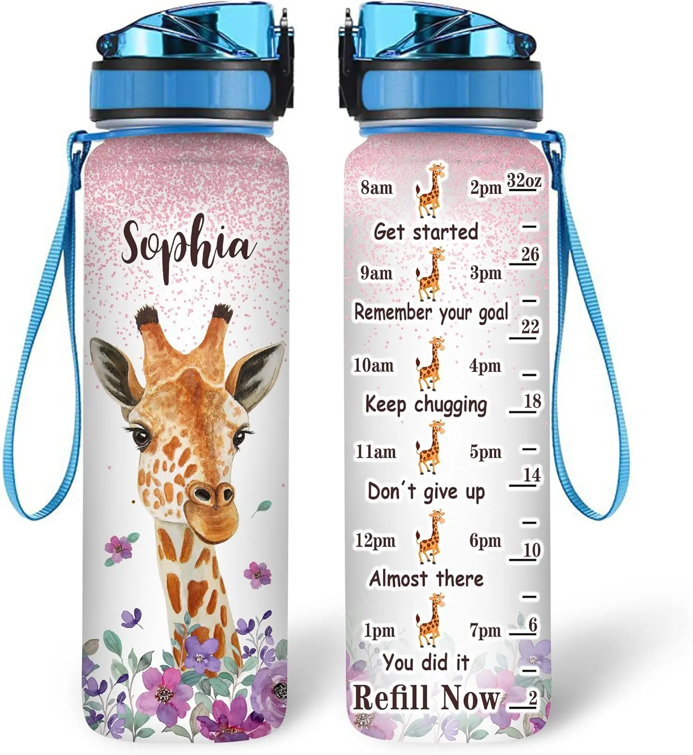 Hyturtle Personalized Giraffe Gifts For Women - Giraffe Face Customized Name 32oz 1Liter Motivational Water Bottle, Yoga Lovers Gift For Mom Girl Women On Christmas, Birthday