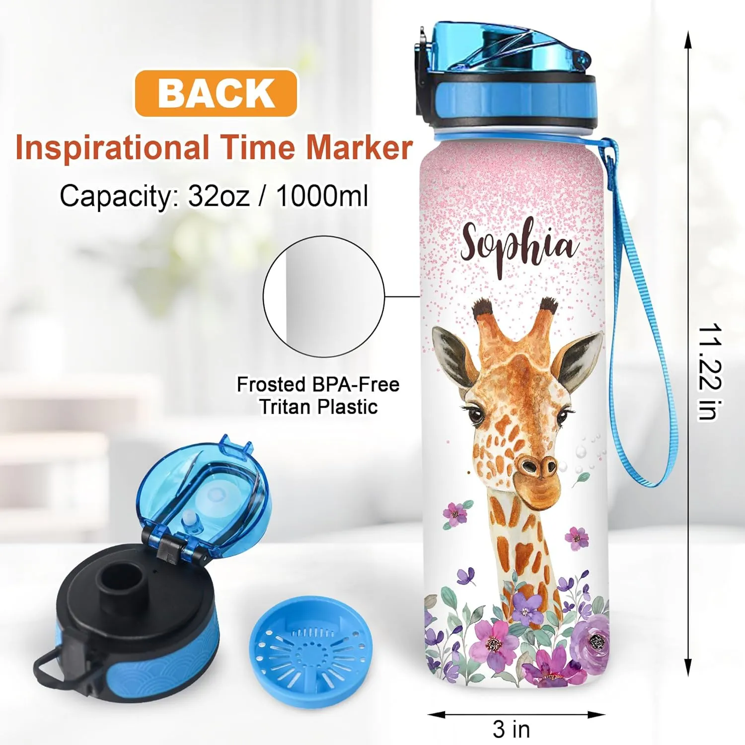 Hyturtle Personalized Giraffe Gifts For Women - Giraffe Face Customized Name 32oz 1Liter Motivational Water Bottle, Yoga Lovers Gift For Mom Girl Women On Christmas, Birthday
