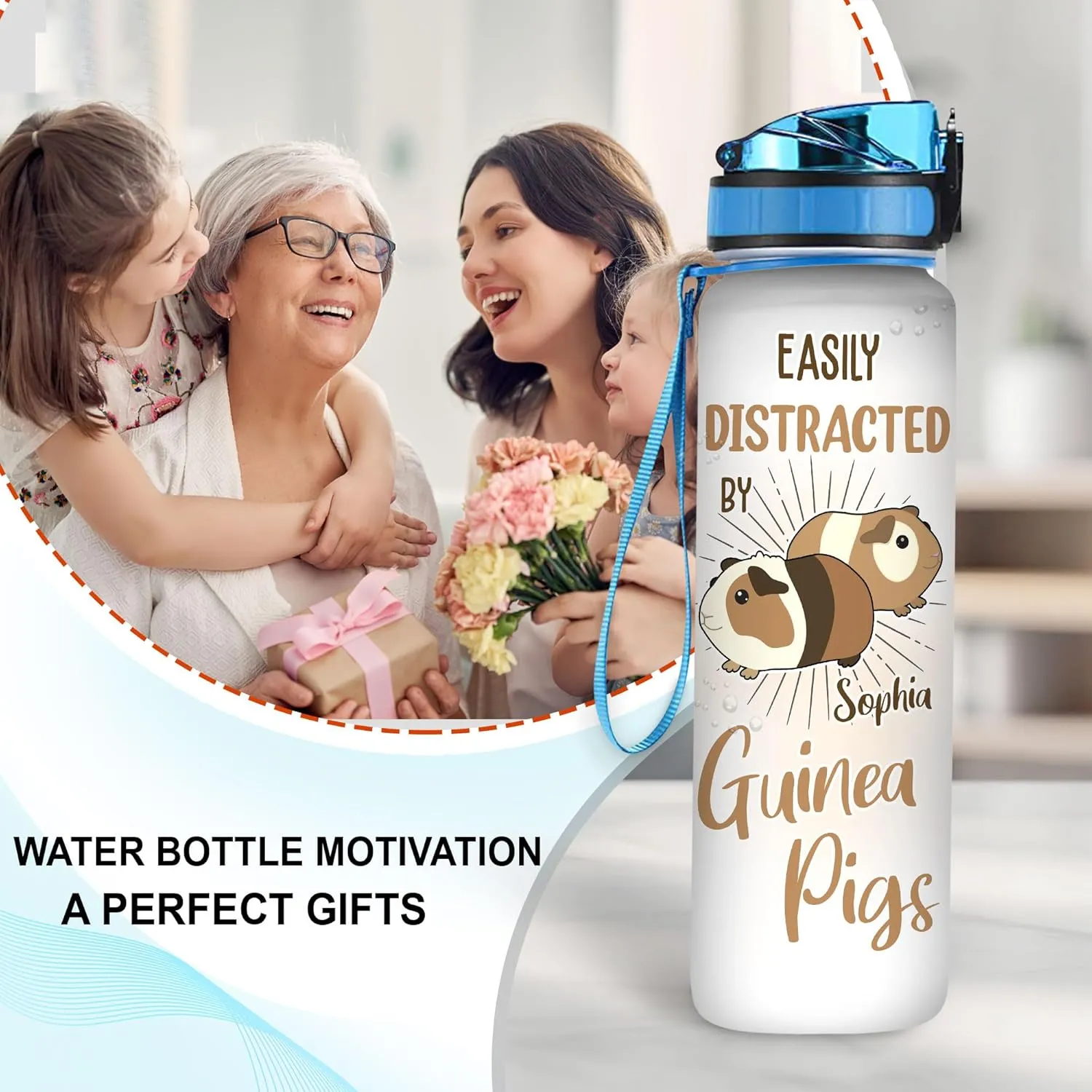Hyturtle Personalized Guinea Pig 32Oz Liter Motivational Water Bottle, Easily Distracted By Guinea Pigs Customized Name Water Bottle With Time Marker Gift For Women Mom Girl On Birthday, Mother Day's