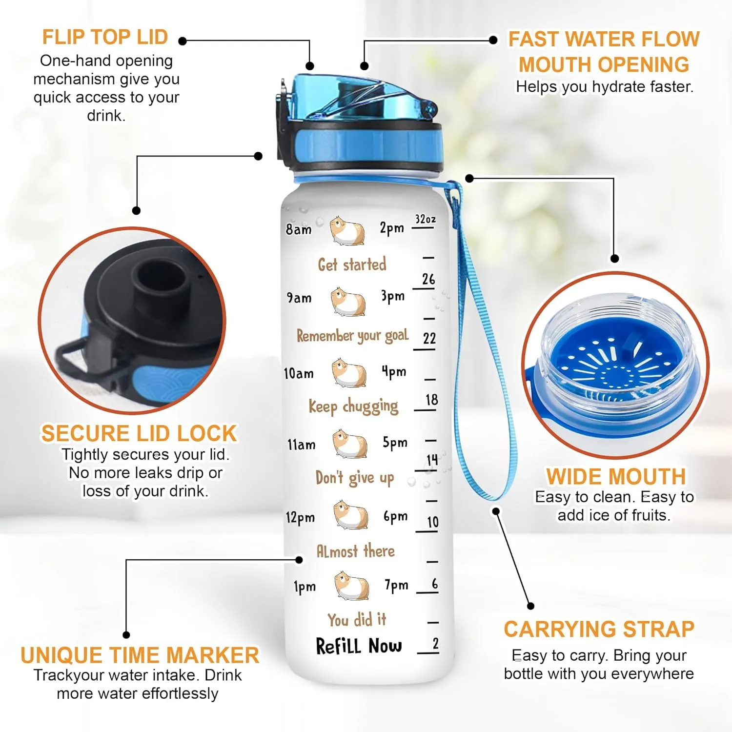 Hyturtle Personalized Guinea Pig 32Oz Liter Motivational Water Bottle, Easily Distracted By Guinea Pigs Customized Name Water Bottle With Time Marker Gift For Women Mom Girl On Birthday, Mother Day's