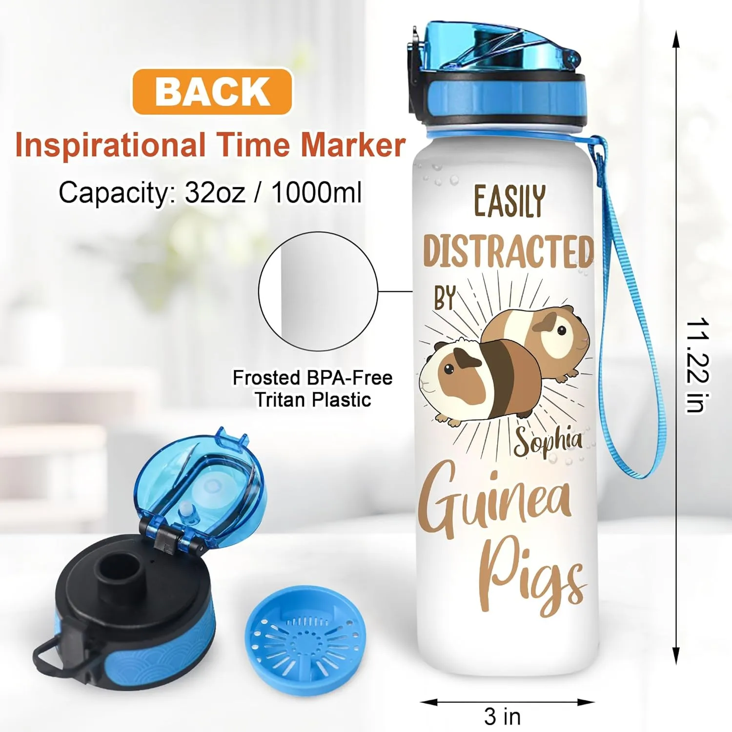 Hyturtle Personalized Guinea Pig 32Oz Liter Motivational Water Bottle, Easily Distracted By Guinea Pigs Customized Name Water Bottle With Time Marker Gift For Women Mom Girl On Birthday, Mother Day's