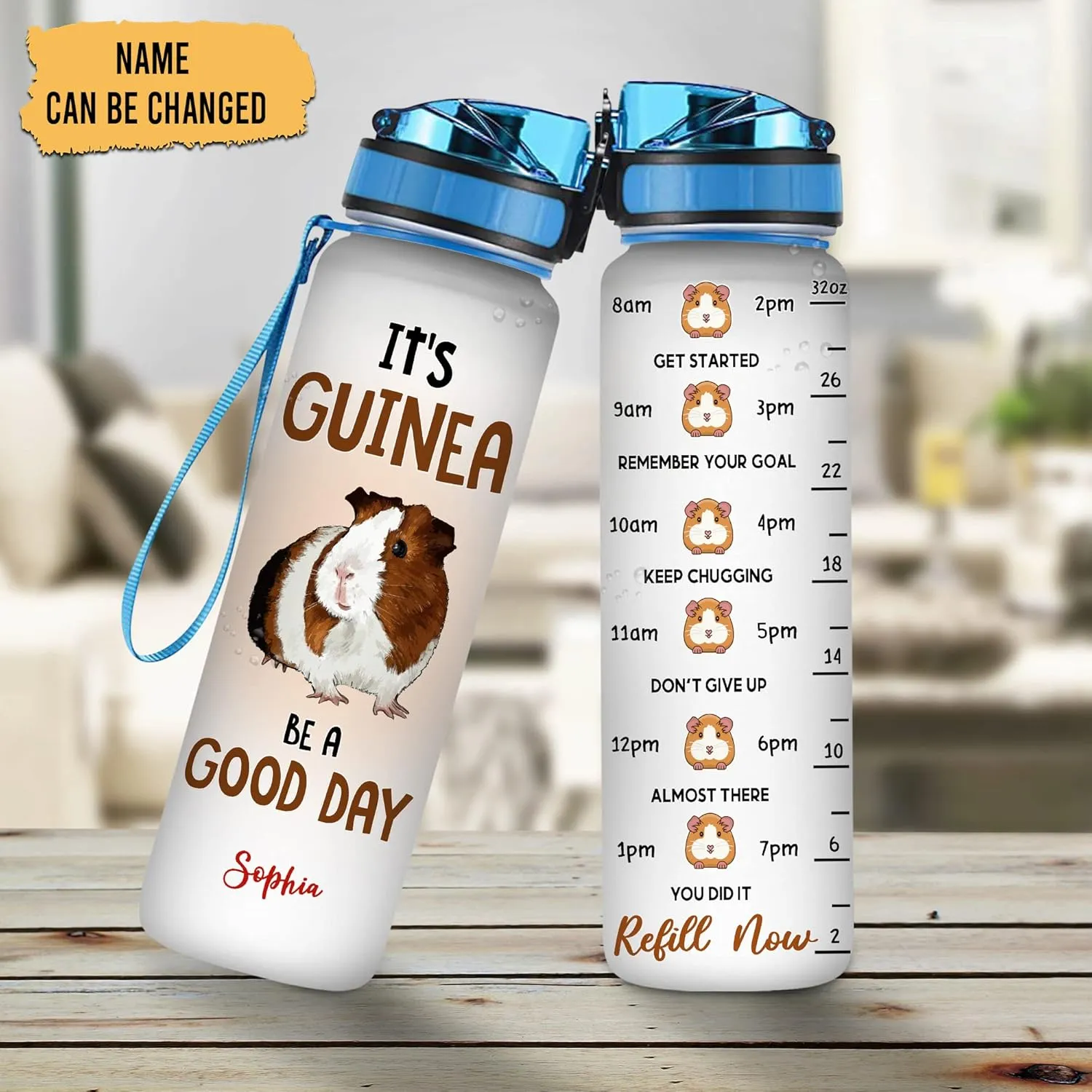 Hyturtle Personalized Guinea Pig Lovers 32Oz Liter Motivational Water Bottle, it's Guinea Be A Good Day Customized Name Water Bottle With Time Marker Gift For Women Girl On Birthday, Mother Day's