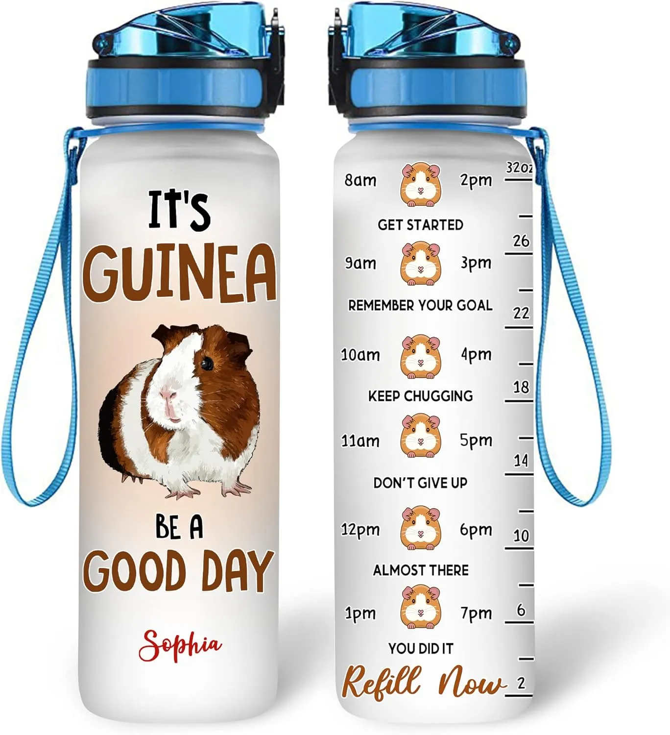 Hyturtle Personalized Guinea Pig Lovers 32Oz Liter Motivational Water Bottle, it's Guinea Be A Good Day Customized Name Water Bottle With Time Marker Gift For Women Girl On Birthday, Mother Day's