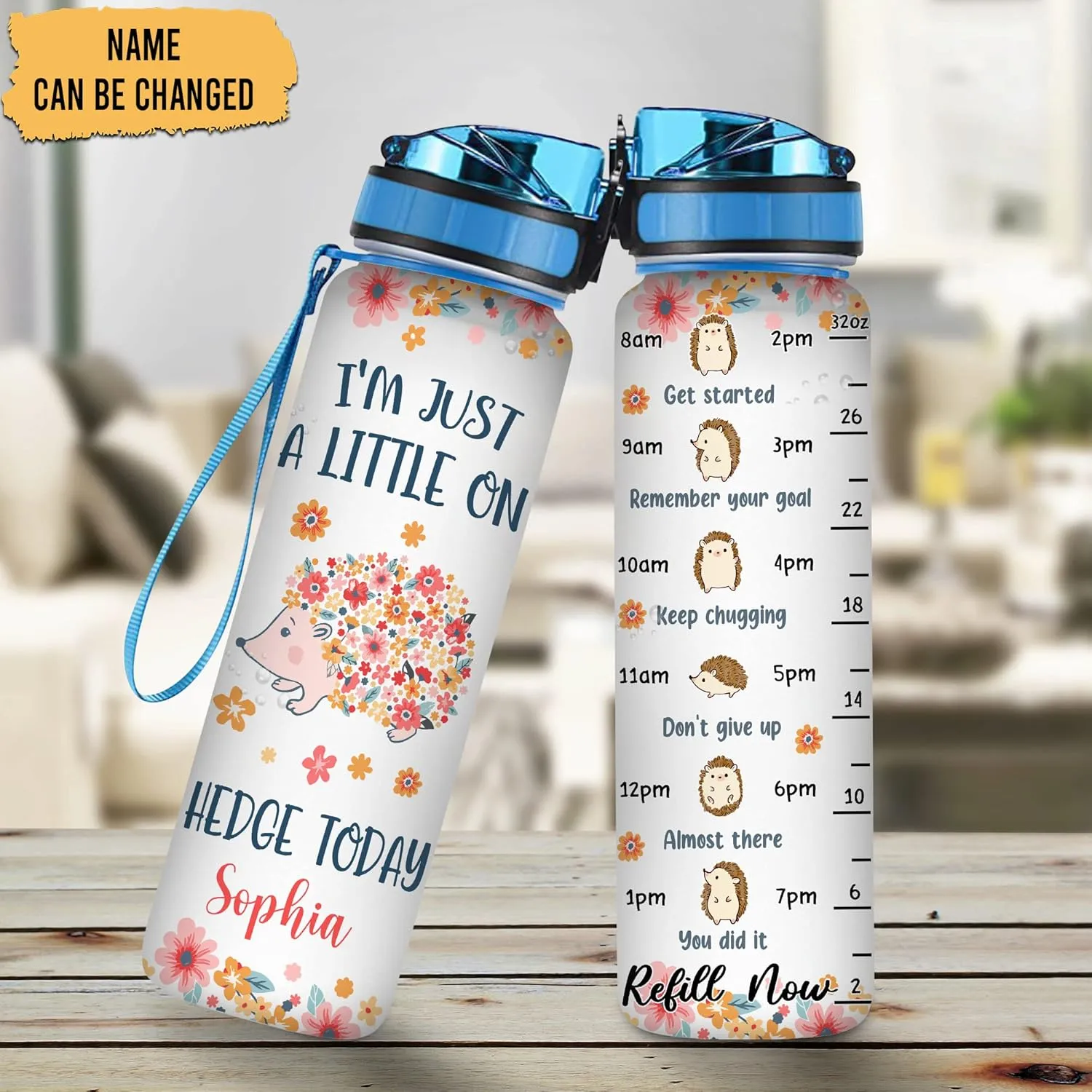 Hyturtle Personalized Hedgehog Lovers 32 Oz 1Liter Motivational Water Bottle, I'm Just A little On Hedge Today Custom Name Water Bottle With Time Marker, Gifts For Women Kids On Birthday, Christmas