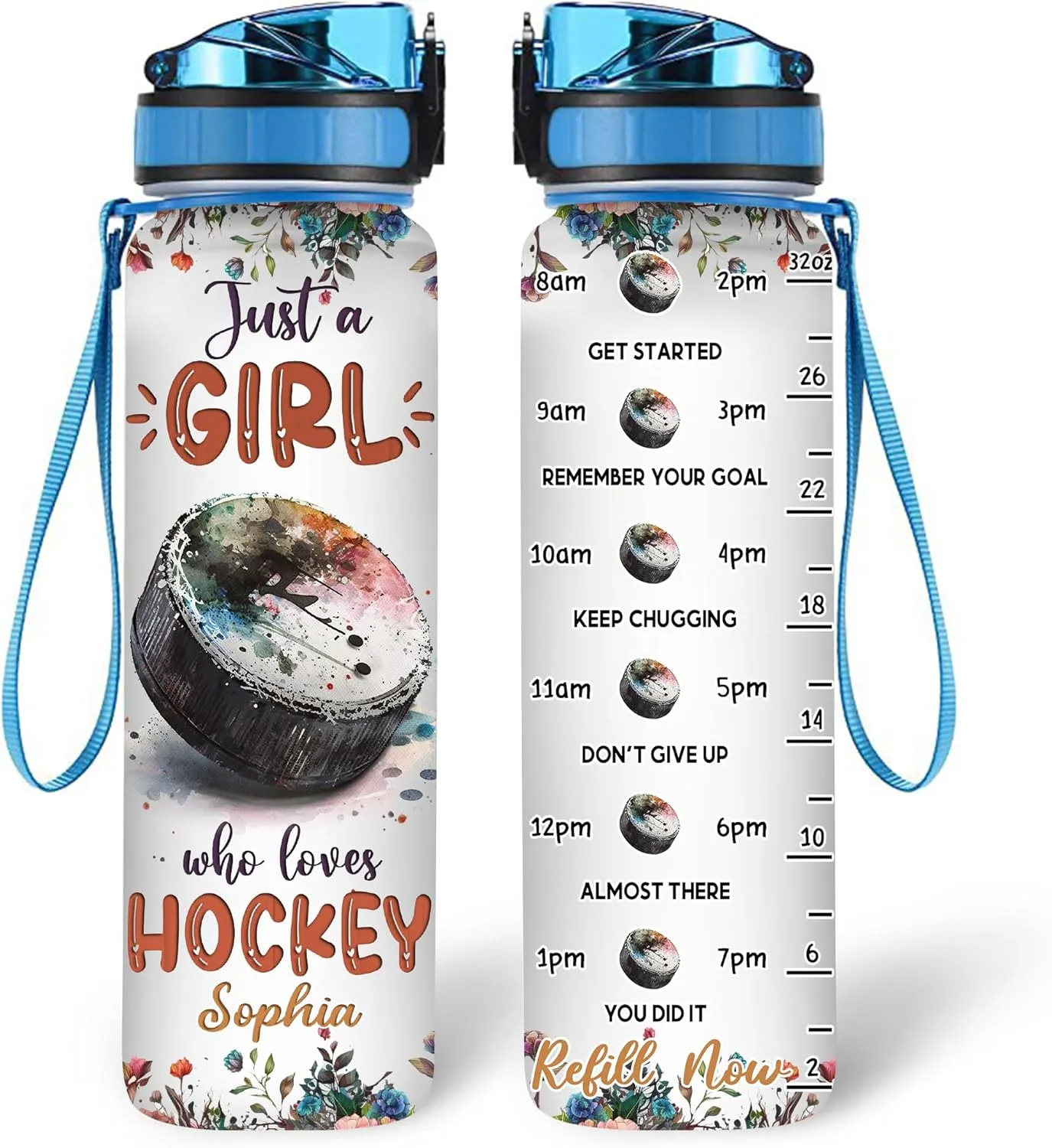 Hyturtle Personalized Hockey Lovers 32 Oz 1Liter Motivational Water Bottle With Time Marker, Just A Girl Who Loves Hockey, Sport Lovers Gifts For Women, Girl, Player On Birthday, Christmas