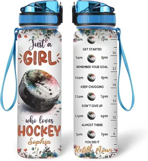 Hyturtle Personalized Hockey Lovers 32 Oz 1Liter Motivational Water Bottle With Time Marker, Just A Girl Who Loves Hockey, Sport Lovers Gifts For Women, Girl, Player On Birthday, Christmas