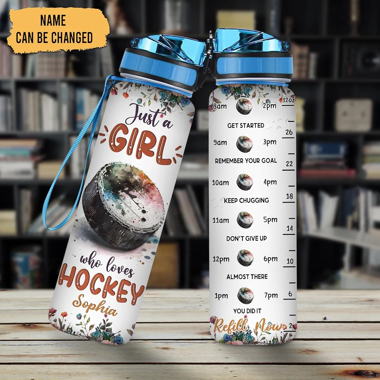 Hyturtle Personalized Hockey Lovers 32 Oz 1Liter Motivational Water Bottle With Time Marker, Just A Girl Who Loves Hockey, Sport Lovers Gifts For Women, Girl, Player On Birthday, Christmas