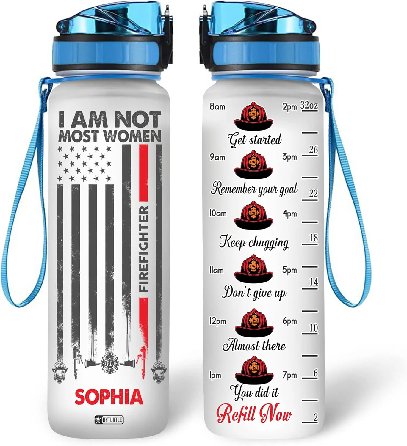 Hyturtle Personalized I Am Not Most Women Firefighter 32oz Liter Motivational Water Bottle, Customized Name With Time Marker, Gifts For Women Mom Firefighters Friend Family On Birthday Mother's Day