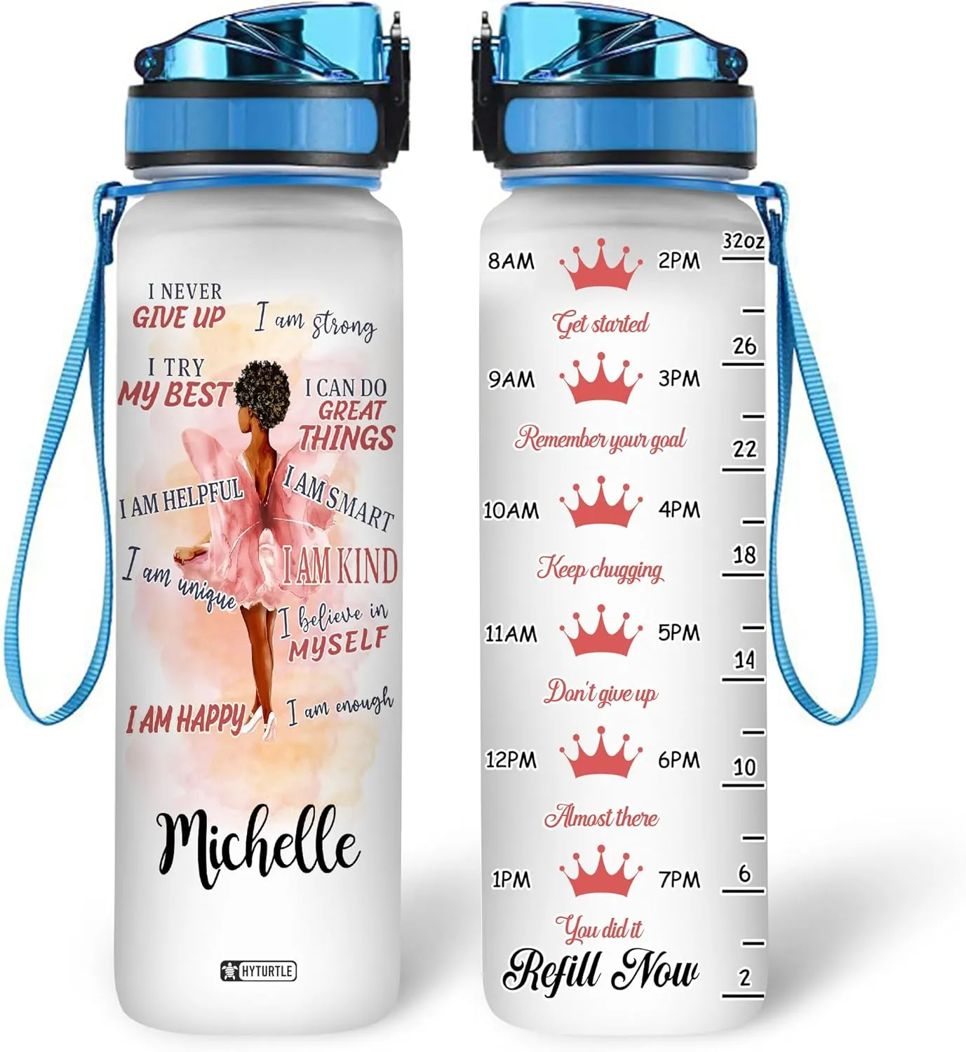 HYTURTLE Personalized I Never Give Up Black Queen 32Oz Liter Motivational Water Bottle, Customized Africa American Black Queen Name With Time Marker Gift For Black Women On Birthday Mother's Day