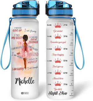 HYTURTLE Personalized I Never Give Up Black Queen 32Oz Liter Motivational Water Bottle, Customized Africa American Black Queen Name With Time Marker Gift For Black Women On Birthday Mother's Day