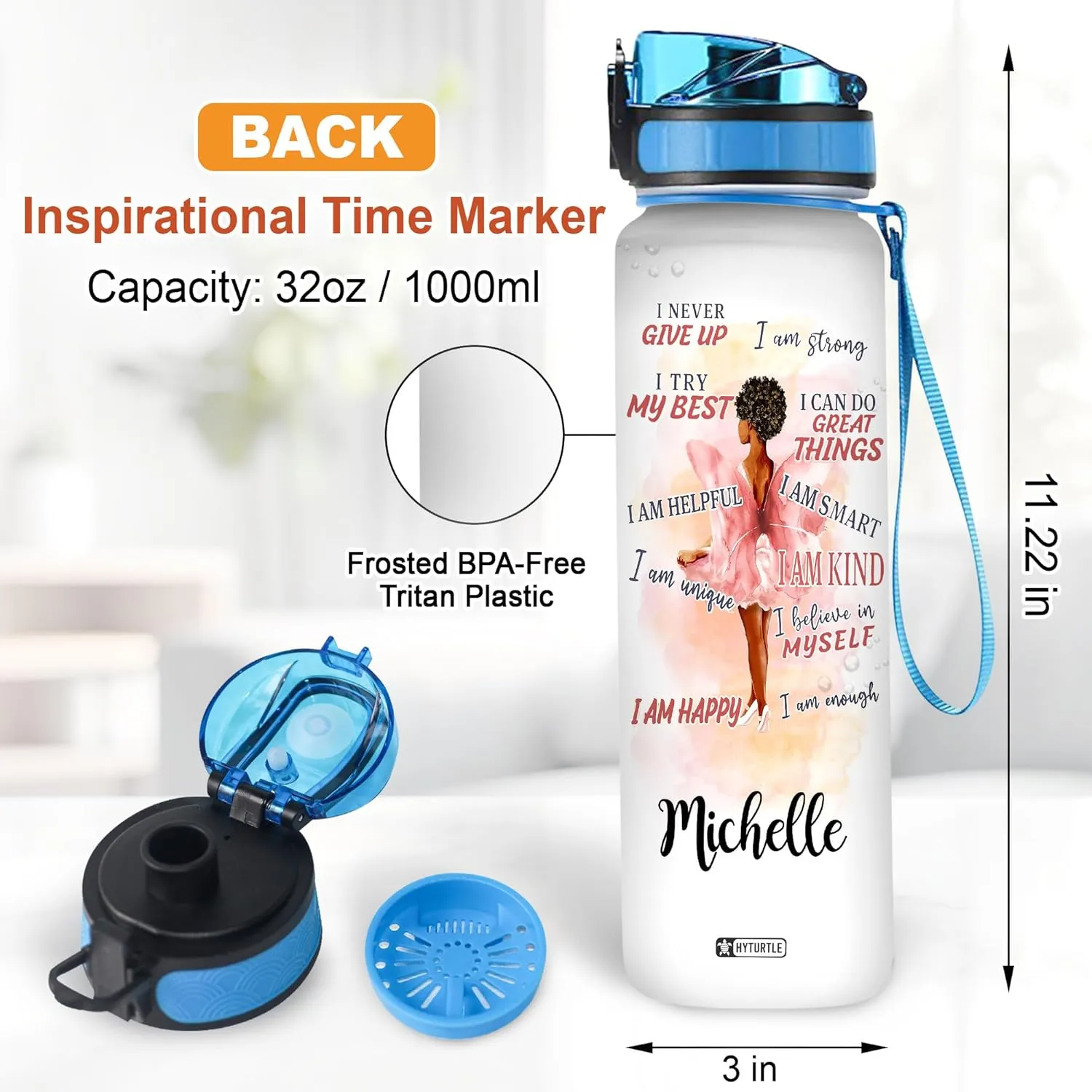 HYTURTLE Personalized I Never Give Up Black Queen 32Oz Liter Motivational Water Bottle, Customized Africa American Black Queen Name With Time Marker Gift For Black Women On Birthday Mother's Day