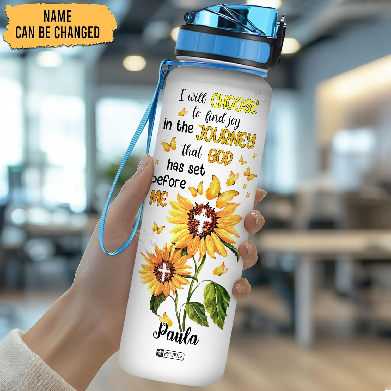 Hyturtle Personalized I Will Choose To Find Joy In The Journey That God Has Set Sunflower 32Oz Liter Motivational Water Bottle, Customized Name With Time Marker, Gift For Women God Lovers On Birthday