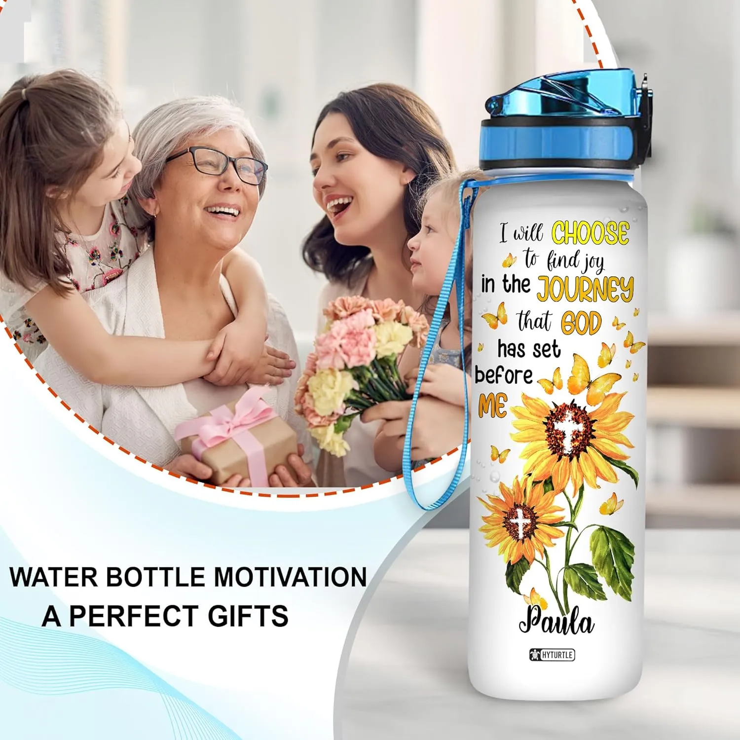 Hyturtle Personalized I Will Choose To Find Joy In The Journey That God Has Set Sunflower 32Oz Liter Motivational Water Bottle, Customized Name With Time Marker, Gift For Women God Lovers On Birthday