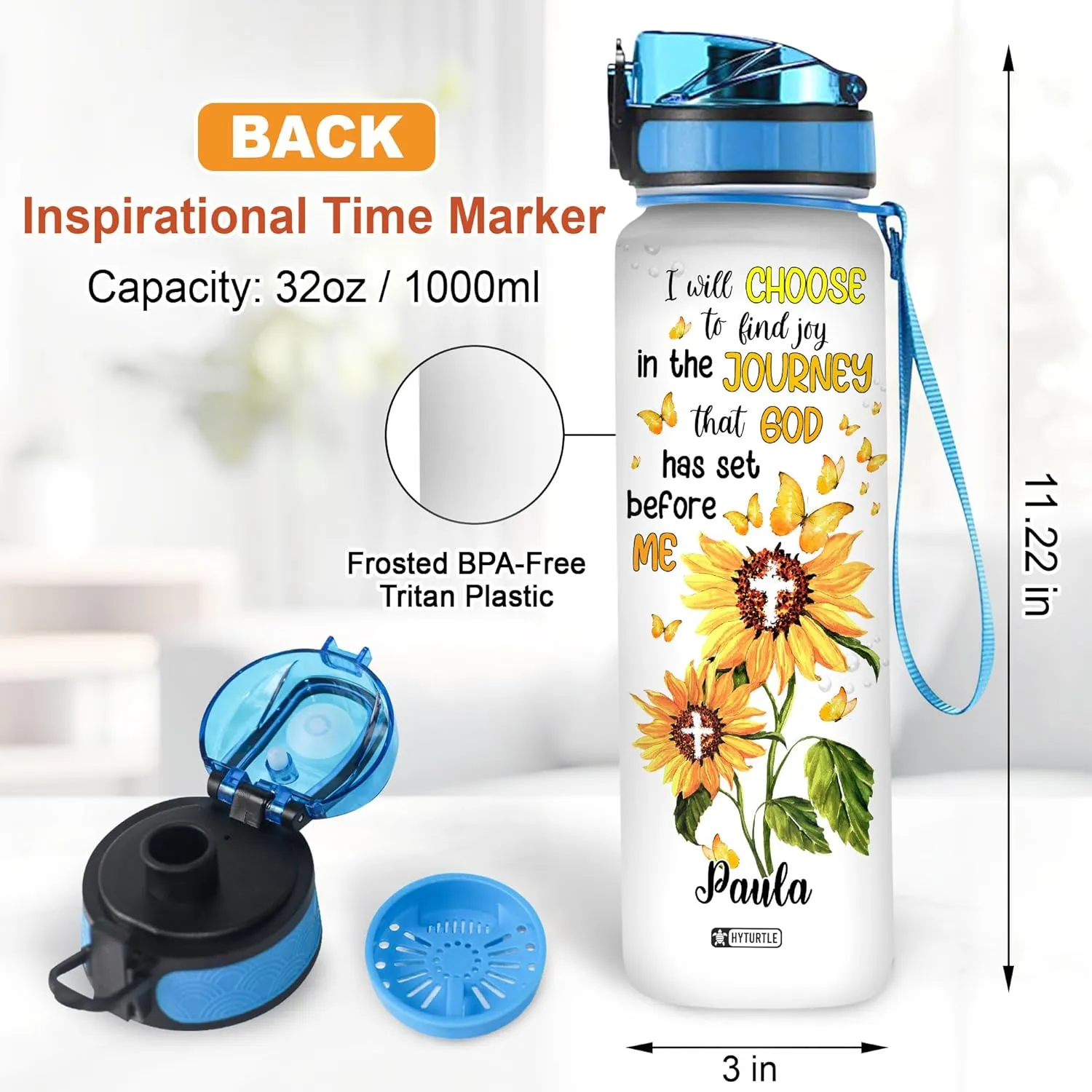 Hyturtle Personalized I Will Choose To Find Joy In The Journey That God Has Set Sunflower 32Oz Liter Motivational Water Bottle, Customized Name With Time Marker, Gift For Women God Lovers On Birthday