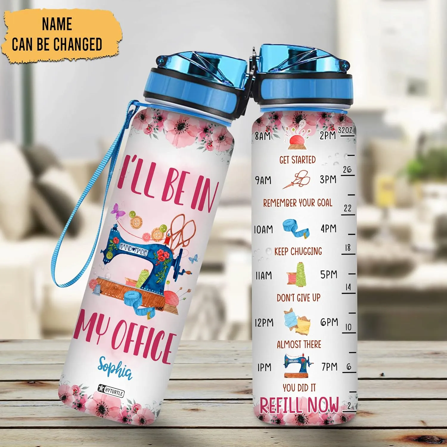 Hyturtle Personalized I'll Be In My Office 32Oz Liter Motivational Water Bottle, Customized Name With Time Marker, Gifts For Women Girls Friends Sewers Sewing Lovers On Birthday Mother's Day