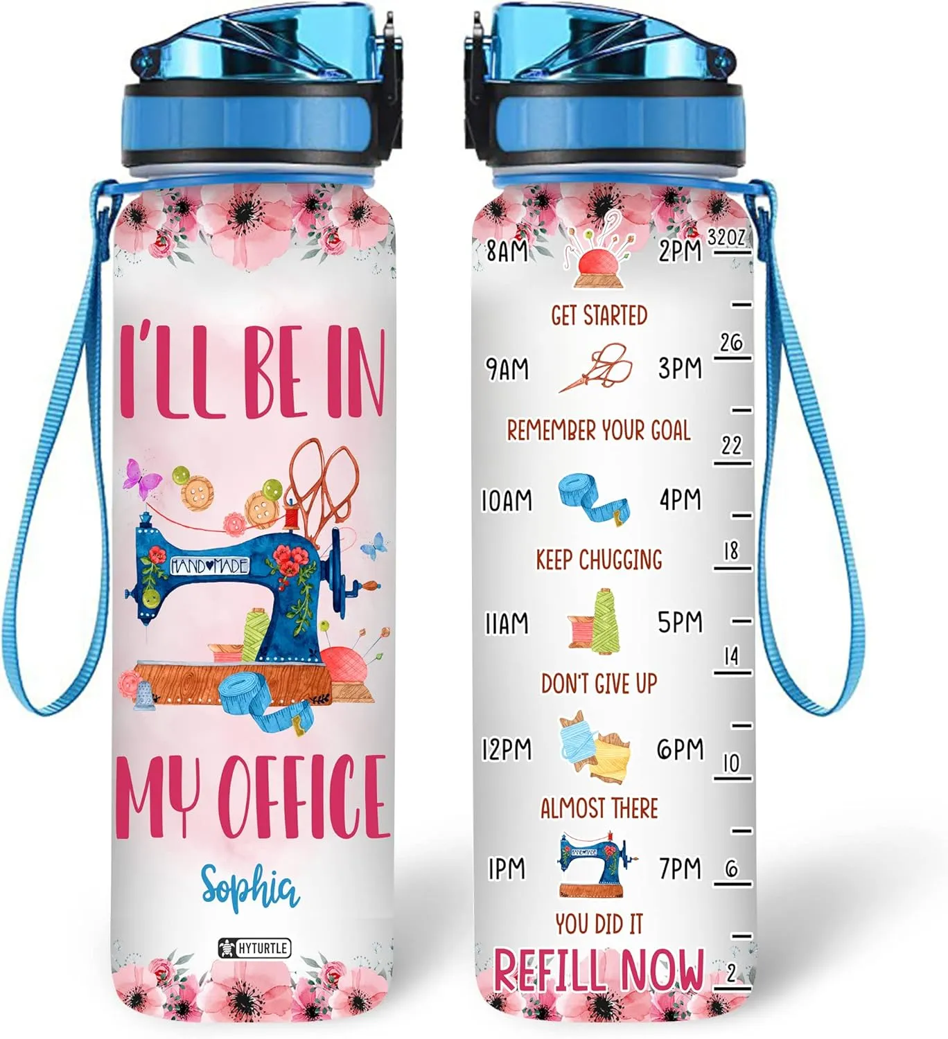 Hyturtle Personalized I'll Be In My Office 32Oz Liter Motivational Water Bottle, Customized Name With Time Marker, Gifts For Women Girls Friends Sewers Sewing Lovers On Birthday Mother's Day