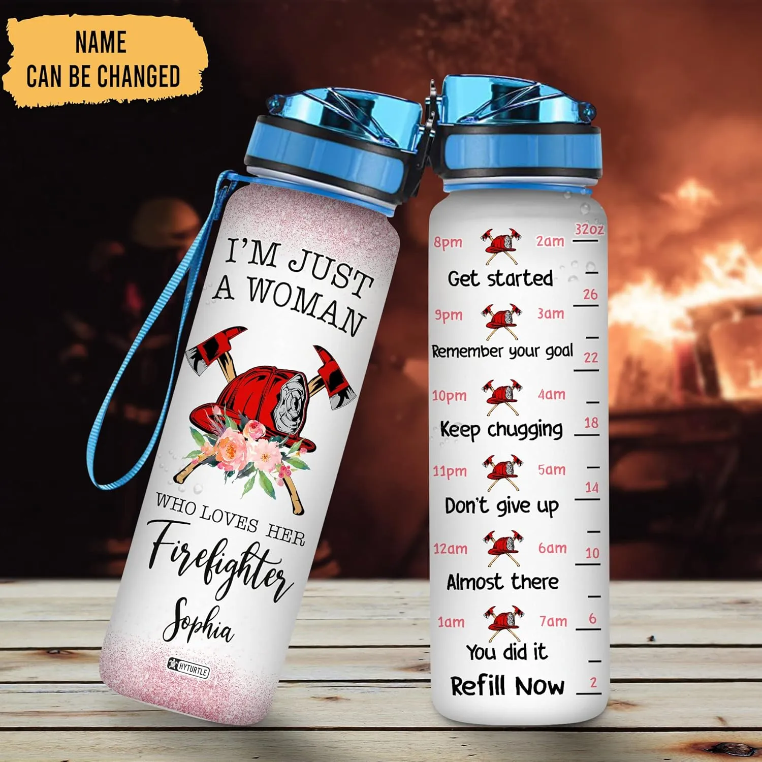 Hyturtle Personalized I'm Just A Woman Who Loves Firefighter 32oz Liter Motivational Water Bottle, Customized Name With Time Marker, Gifts For Women Firefighter On Birthday Mother's Day