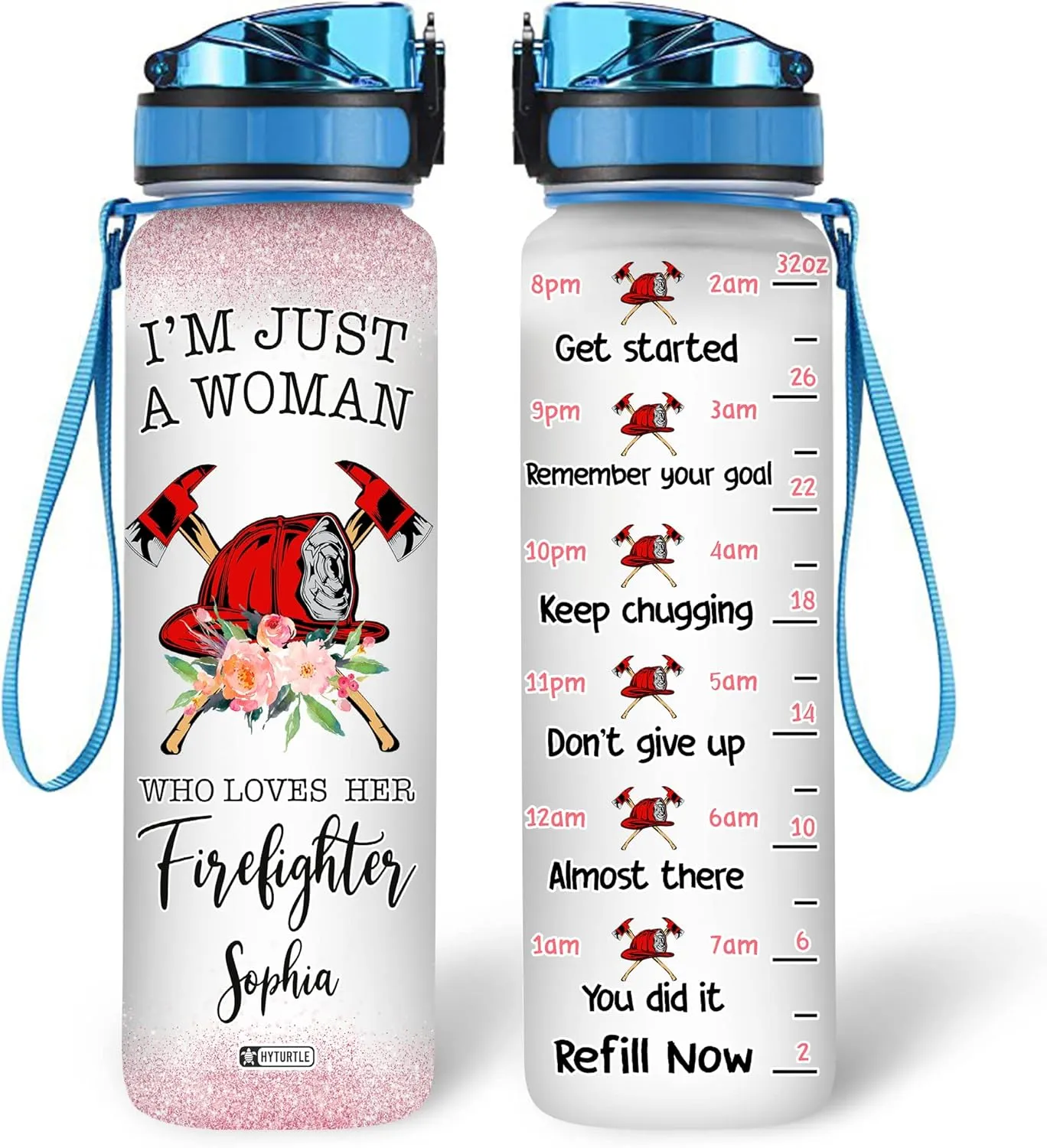 Hyturtle Personalized I'm Just A Woman Who Loves Firefighter 32oz Liter Motivational Water Bottle, Customized Name With Time Marker, Gifts For Women Firefighter On Birthday Mother's Day