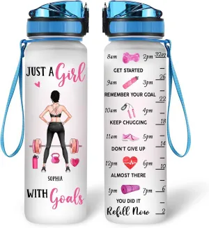 Hyturtle Personalized Just A Girl With Goals Fitness 32Oz 1Liter Motivational Water Bottle, Customized Name With Time Marker Gifts For Women, Girls, Gifts For Gym Lovers On Birthday, Anniversary
