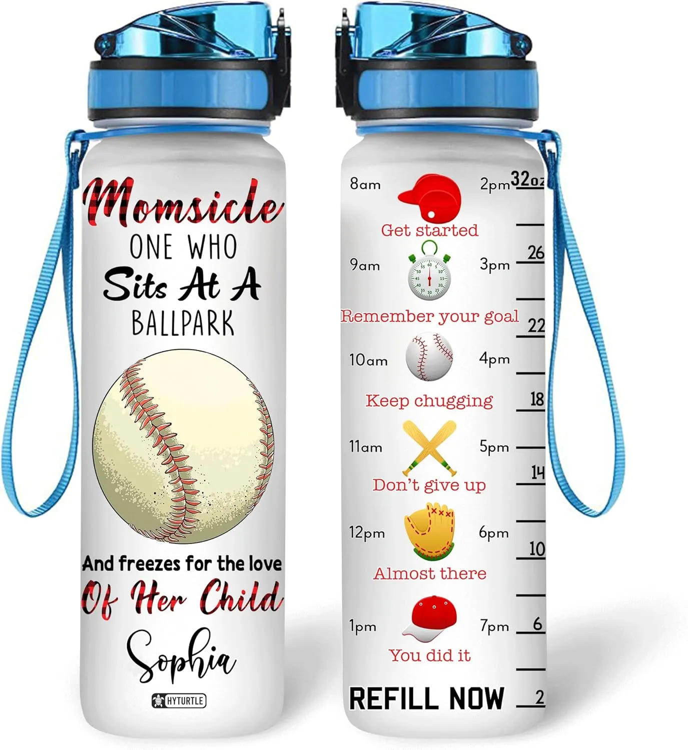 Hyturtle Personalized Momsicle One Who Sits At A Ballpark 32Oz Liter Motivational Water Bottle, Customized Name With Time Marker Gift For Women Mom Child Baseball Lovers On Birthday Mother's Day