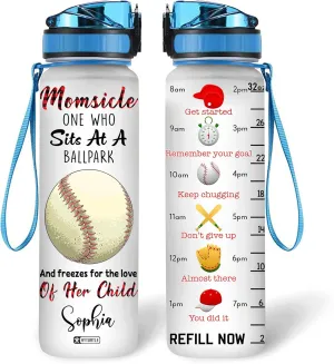 Hyturtle Personalized Momsicle One Who Sits At A Ballpark 32Oz Liter Motivational Water Bottle, Customized Name With Time Marker Gift For Women Mom Child Baseball Lovers On Birthday Mother's Day