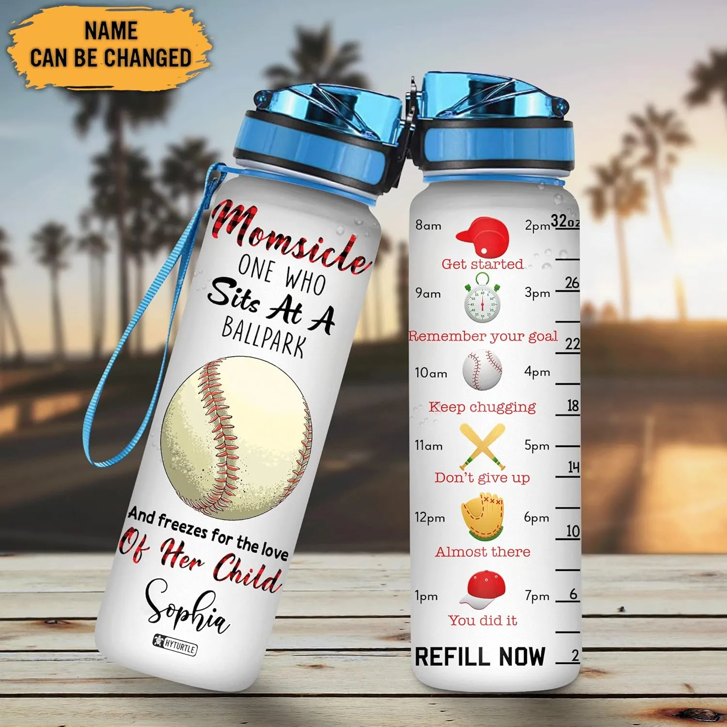 Hyturtle Personalized Momsicle One Who Sits At A Ballpark 32Oz Liter Motivational Water Bottle, Customized Name With Time Marker Gift For Women Mom Child Baseball Lovers On Birthday Mother's Day