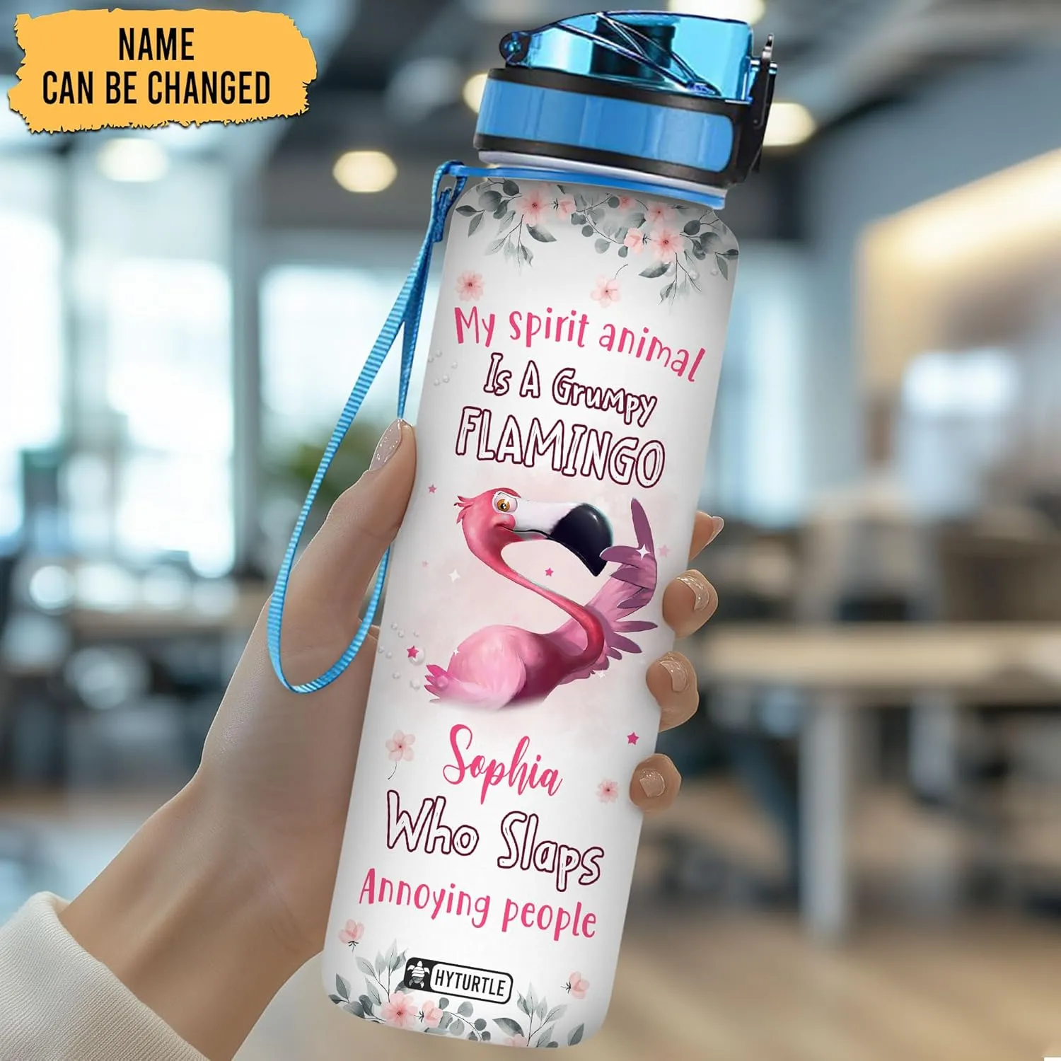 Hyturtle Personalized My Spirit Animal Is A Grumpy Flamingo 32oz Liter Motivational Water Bottle, Customized Name Tracking Water Bottle Gifts For Women, Girls, Friend, Flamingo Lovers On Birthday