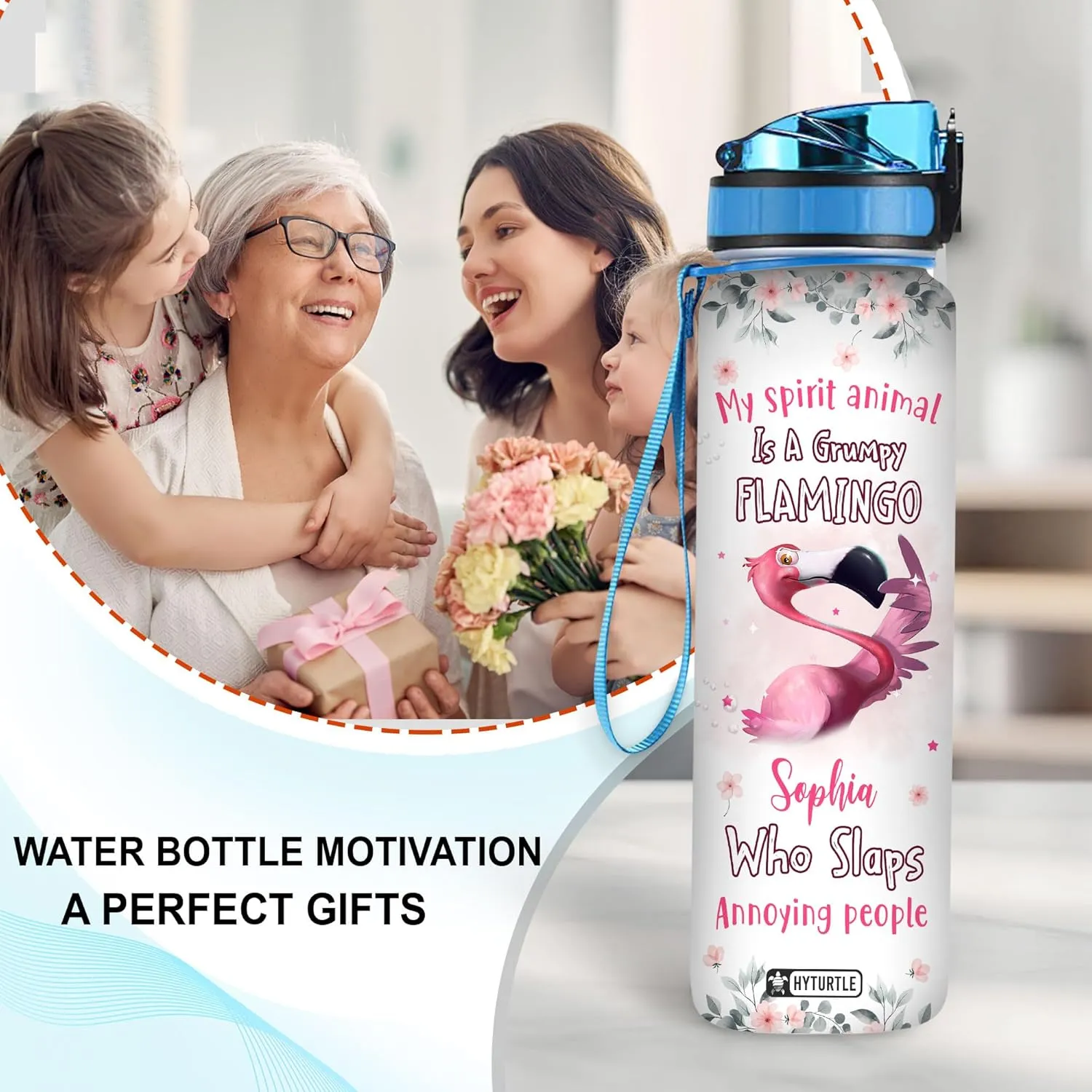 Hyturtle Personalized My Spirit Animal Is A Grumpy Flamingo 32oz Liter Motivational Water Bottle, Customized Name Tracking Water Bottle Gifts For Women, Girls, Friend, Flamingo Lovers On Birthday