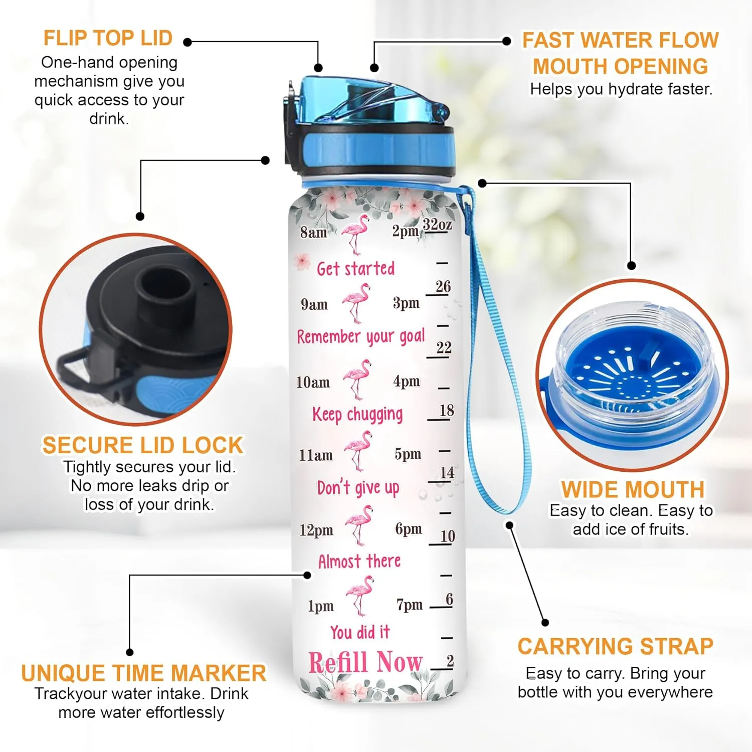 Hyturtle Personalized My Spirit Animal Is A Grumpy Flamingo 32oz Liter Motivational Water Bottle, Customized Name Tracking Water Bottle Gifts For Women, Girls, Friend, Flamingo Lovers On Birthday