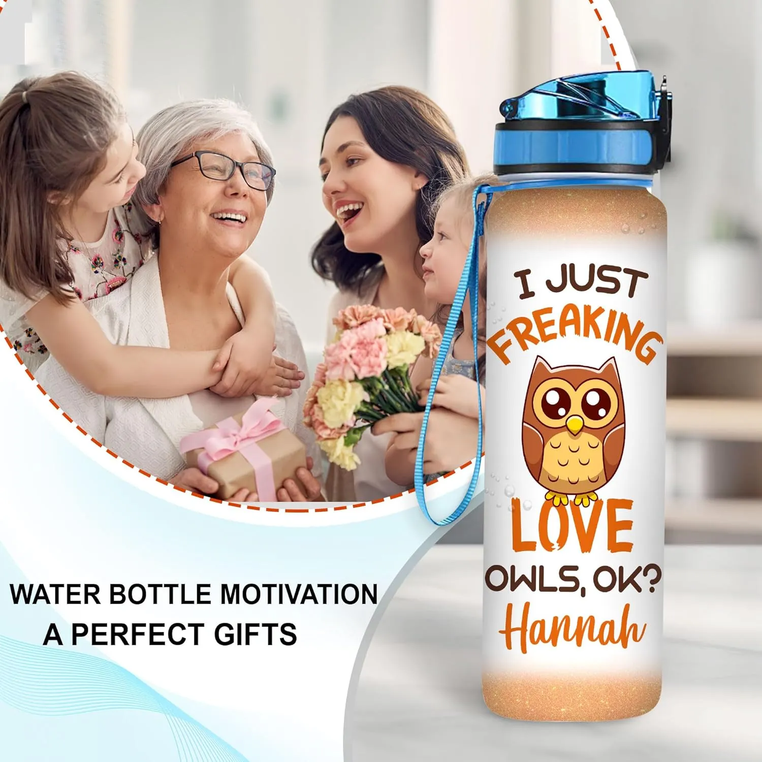 Hyturtle Personalized Owl Lovers 32 Oz 1Liter Motivational Water Bottle, I Just Freaking Love Owls Customized Name Water Bottle With Time Marker, Animal Gifts For Women Girl On Birthday, Mother Day's