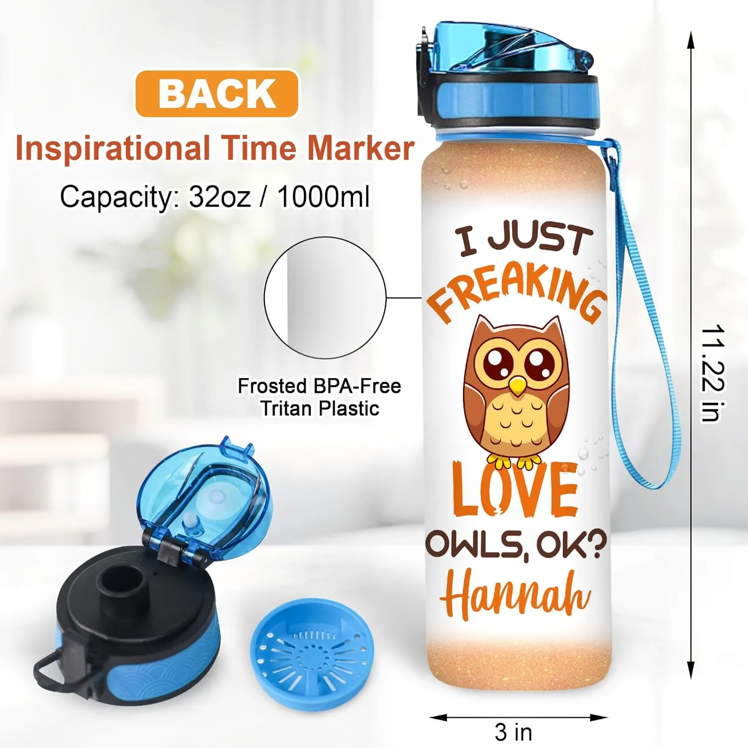 Hyturtle Personalized Owl Lovers 32 Oz 1Liter Motivational Water Bottle, I Just Freaking Love Owls Customized Name Water Bottle With Time Marker, Animal Gifts For Women Girl On Birthday, Mother Day's