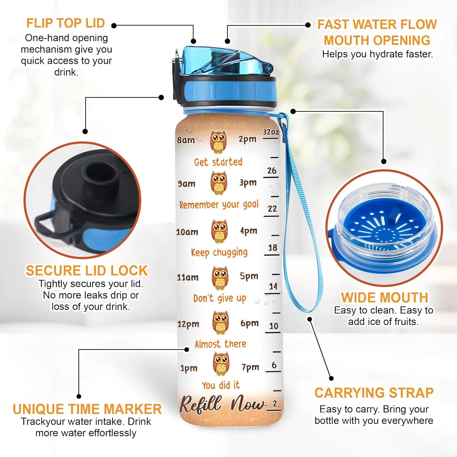 Hyturtle Personalized Owl Lovers 32 Oz 1Liter Motivational Water Bottle, I Just Freaking Love Owls Customized Name Water Bottle With Time Marker, Animal Gifts For Women Girl On Birthday, Mother Day's