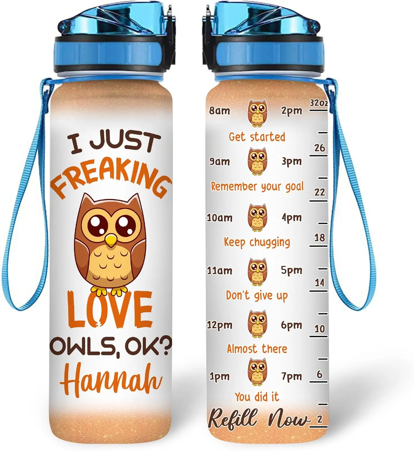 Hyturtle Personalized Owl Lovers 32 Oz 1Liter Motivational Water Bottle, I Just Freaking Love Owls Customized Name Water Bottle With Time Marker, Animal Gifts For Women Girl On Birthday, Mother Day's