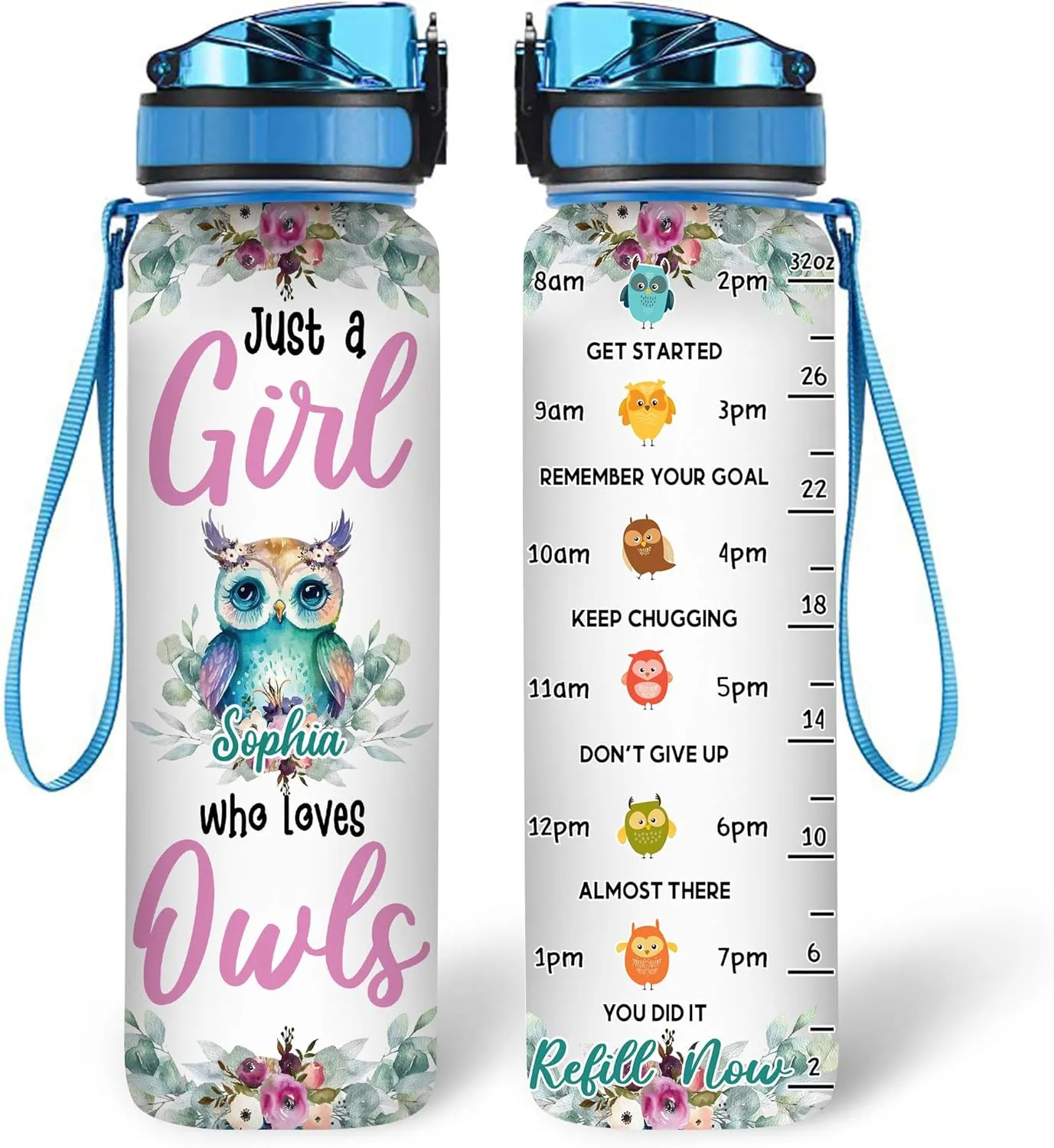 Hyturtle Personalized Owl Lovers 32 Oz 1Liter Motivational Water Bottle, Just A Girl Who Loves Owls Customized Name Water Bottle With Time Marker, Animal Gift For Women Girl On Birthday, Mother Day's