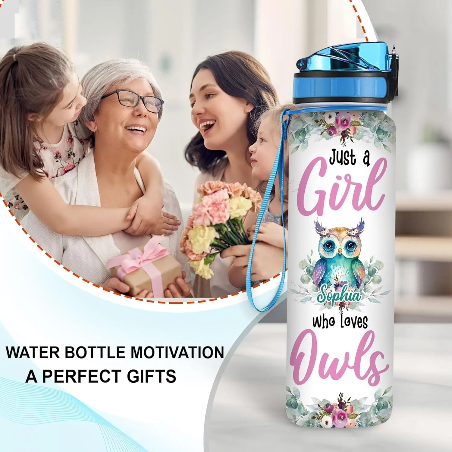 Hyturtle Personalized Owl Lovers 32 Oz 1Liter Motivational Water Bottle, Just A Girl Who Loves Owls Customized Name Water Bottle With Time Marker, Animal Gift For Women Girl On Birthday, Mother Day's