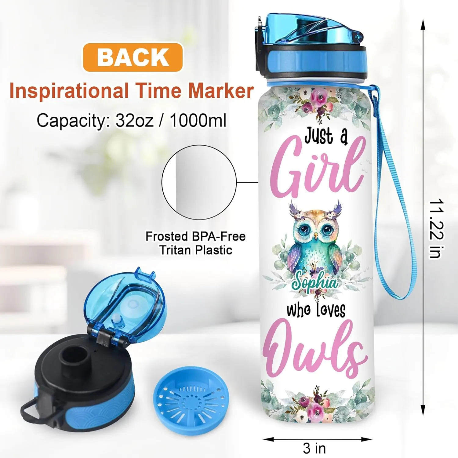 Hyturtle Personalized Owl Lovers 32 Oz 1Liter Motivational Water Bottle, Just A Girl Who Loves Owls Customized Name Water Bottle With Time Marker, Animal Gift For Women Girl On Birthday, Mother Day's