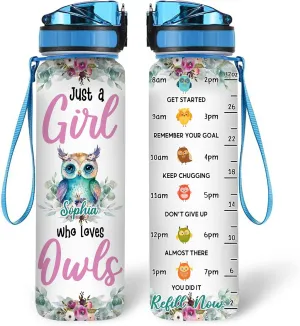 Hyturtle Personalized Owl Lovers 32 Oz 1Liter Motivational Water Bottle, Just A Girl Who Loves Owls Customized Name Water Bottle With Time Marker, Animal Gift For Women Girl On Birthday, Mother Day's