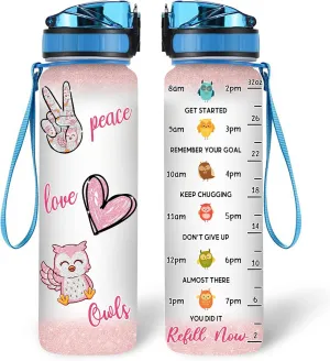 Hyturtle Personalized Owl Lovers 32 Oz 1Liter Motivational Water Bottle, Peace Love Owls Customized Name Water Bottle With Time Marker, Animal Gifts For Women Girl On Birthday, Mother Day's