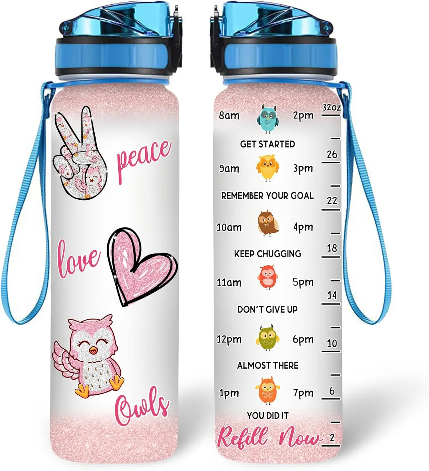Hyturtle Personalized Owl Lovers 32 Oz 1Liter Motivational Water Bottle, Peace Love Owls Customized Name Water Bottle With Time Marker, Animal Gifts For Women Girl On Birthday, Mother Day's