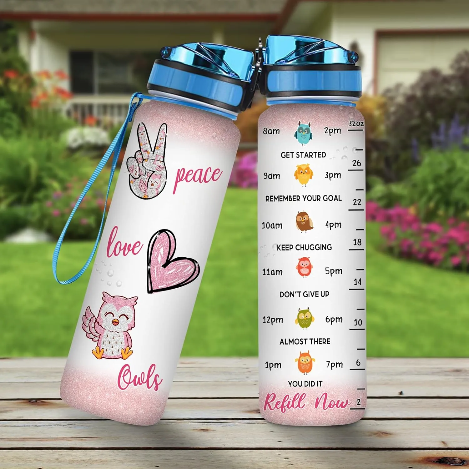 Hyturtle Personalized Owl Lovers 32 Oz 1Liter Motivational Water Bottle, Peace Love Owls Customized Name Water Bottle With Time Marker, Animal Gifts For Women Girl On Birthday, Mother Day's