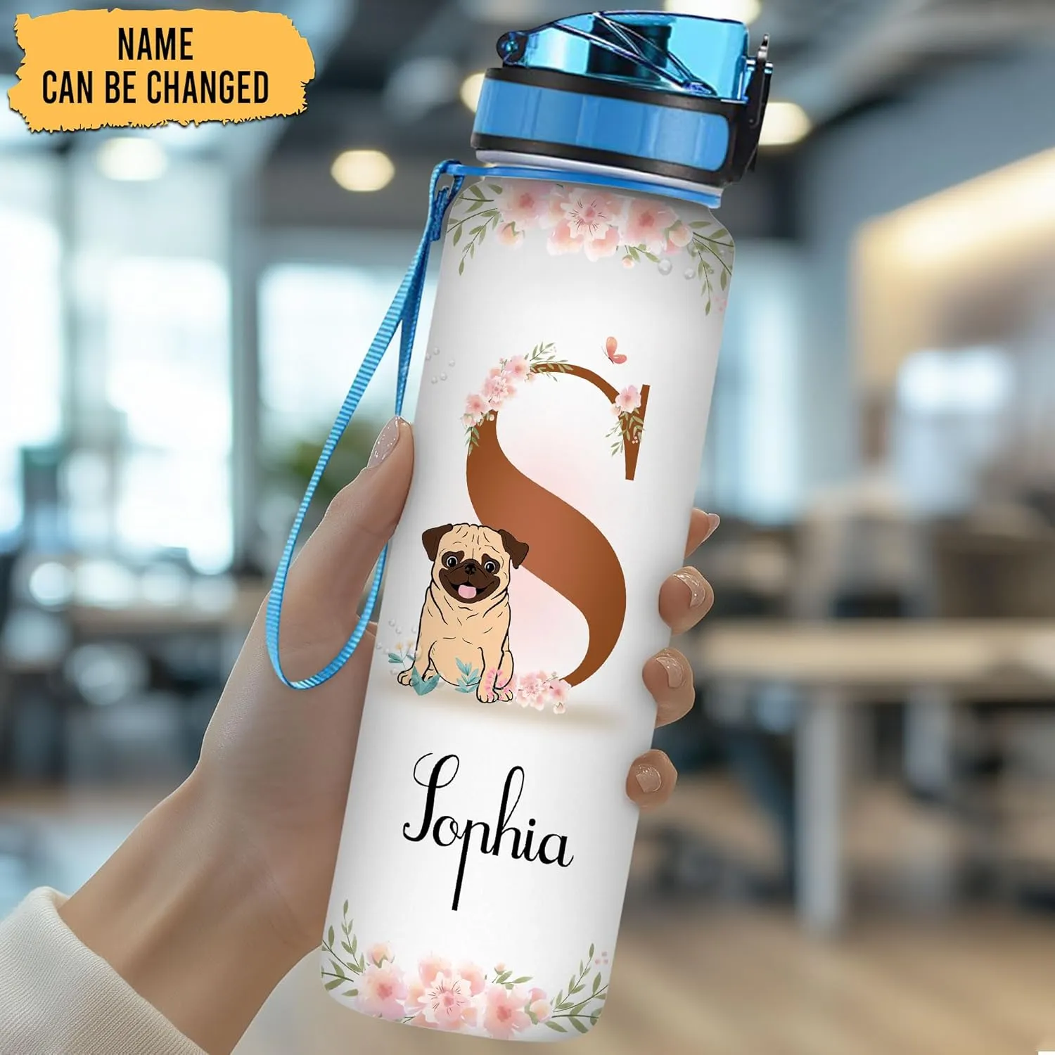 Hyturtle Personalized Pug Lovers 32 Oz 1Liter Motivational Water Bottle, Pugs Customized Name Water Bottle With Time Marker, Dog Pet Lovers Gifts For Women Girl On Birthday, Mother Day's