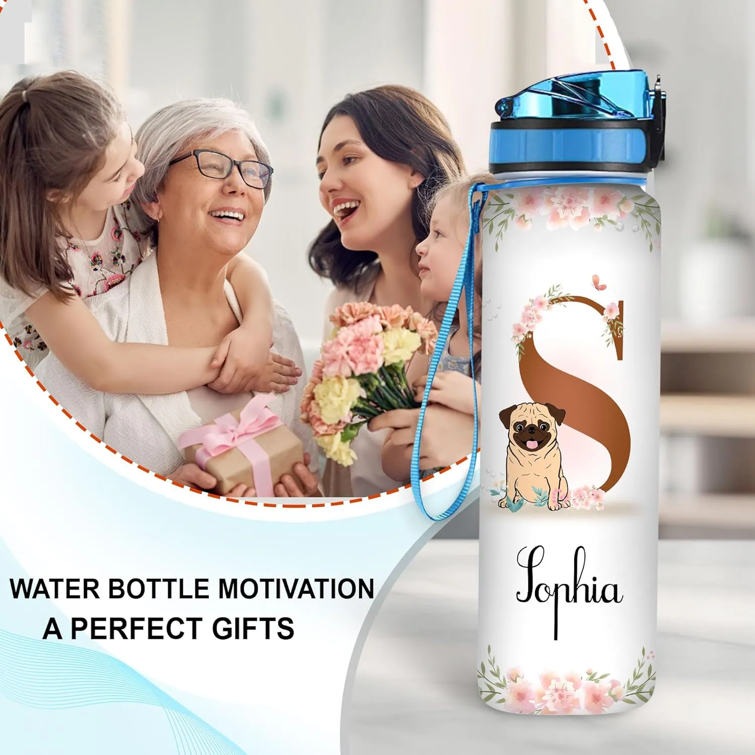 Hyturtle Personalized Pug Lovers 32 Oz 1Liter Motivational Water Bottle, Pugs Customized Name Water Bottle With Time Marker, Dog Pet Lovers Gifts For Women Girl On Birthday, Mother Day's