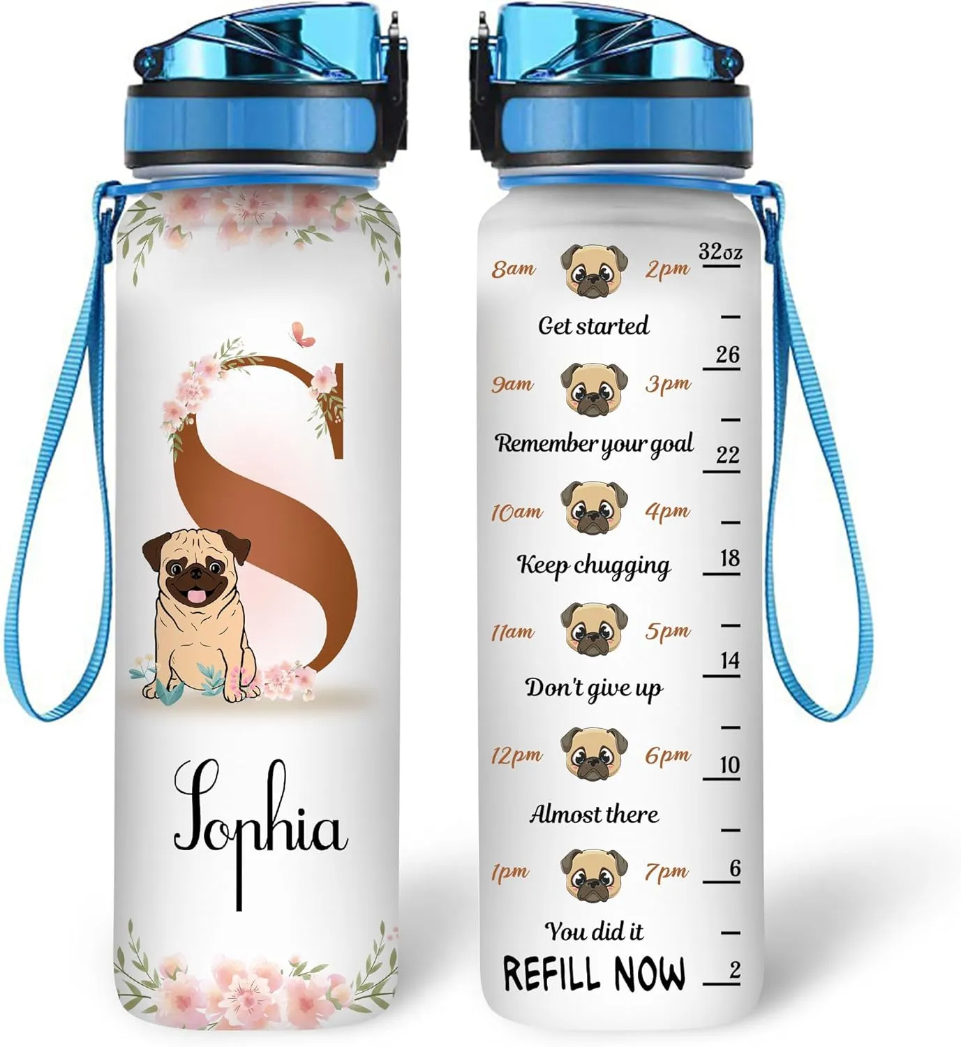 Hyturtle Personalized Pug Lovers 32 Oz 1Liter Motivational Water Bottle, Pugs Customized Name Water Bottle With Time Marker, Dog Pet Lovers Gifts For Women Girl On Birthday, Mother Day's