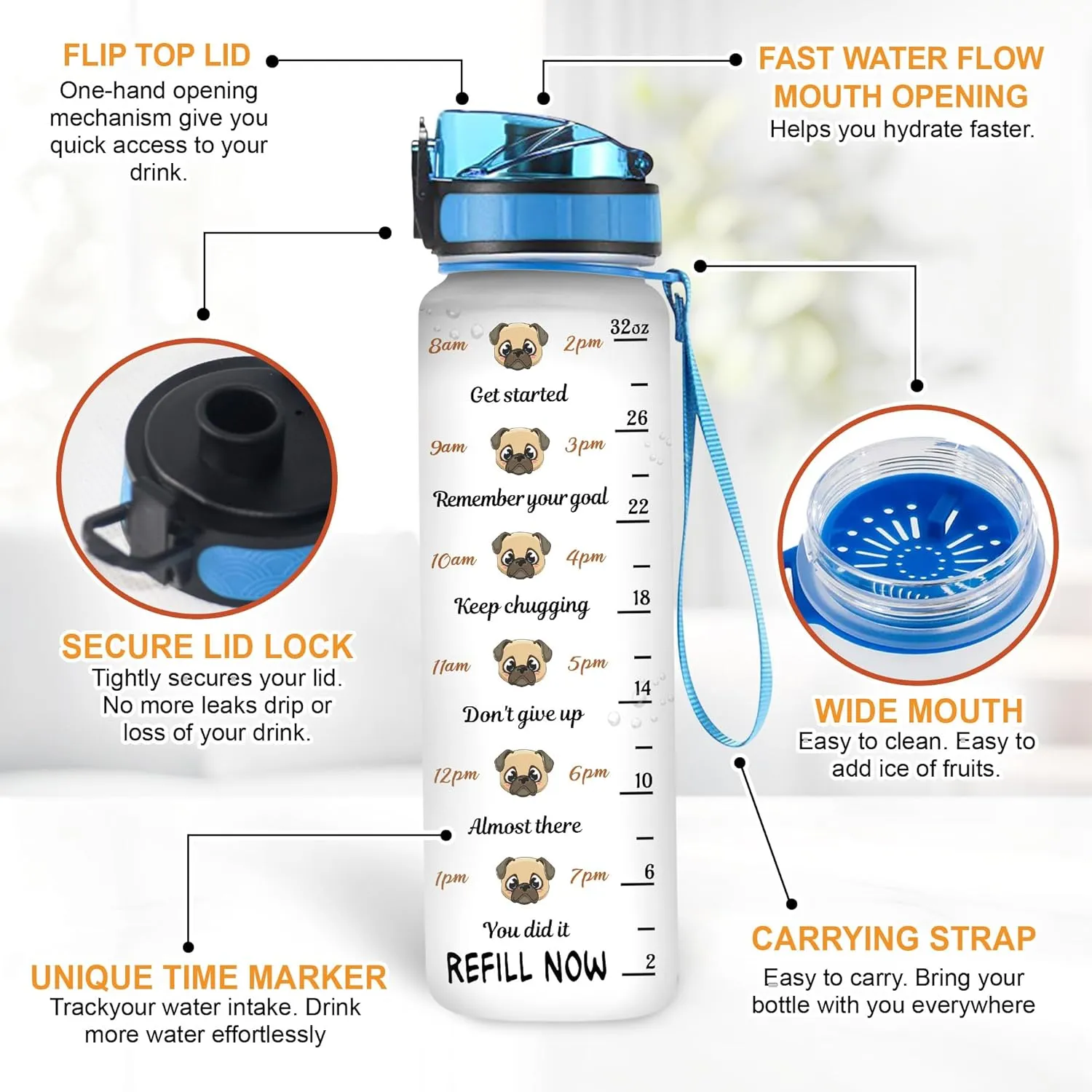 Hyturtle Personalized Pug Lovers 32 Oz 1Liter Motivational Water Bottle, Pugs Customized Name Water Bottle With Time Marker, Dog Pet Lovers Gifts For Women Girl On Birthday, Mother Day's