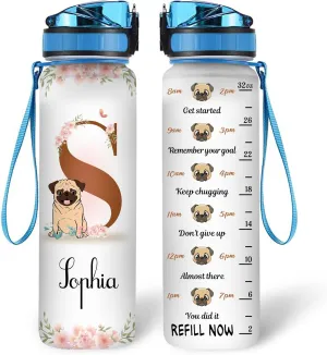 Hyturtle Personalized Pug Lovers 32 Oz 1Liter Motivational Water Bottle, Pugs Customized Name Water Bottle With Time Marker, Dog Pet Lovers Gifts For Women Girl On Birthday, Mother Day's