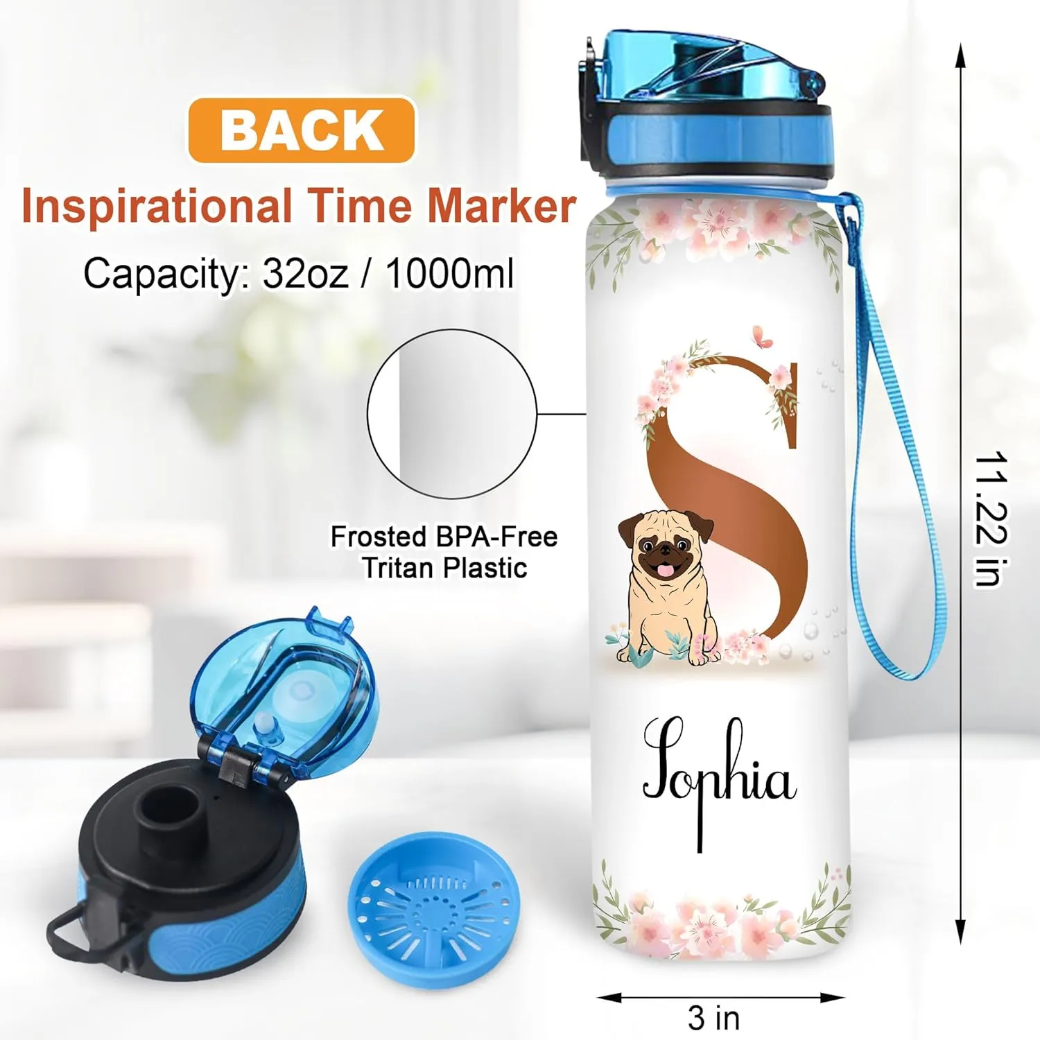 Hyturtle Personalized Pug Lovers 32 Oz 1Liter Motivational Water Bottle, Pugs Customized Name Water Bottle With Time Marker, Dog Pet Lovers Gifts For Women Girl On Birthday, Mother Day's