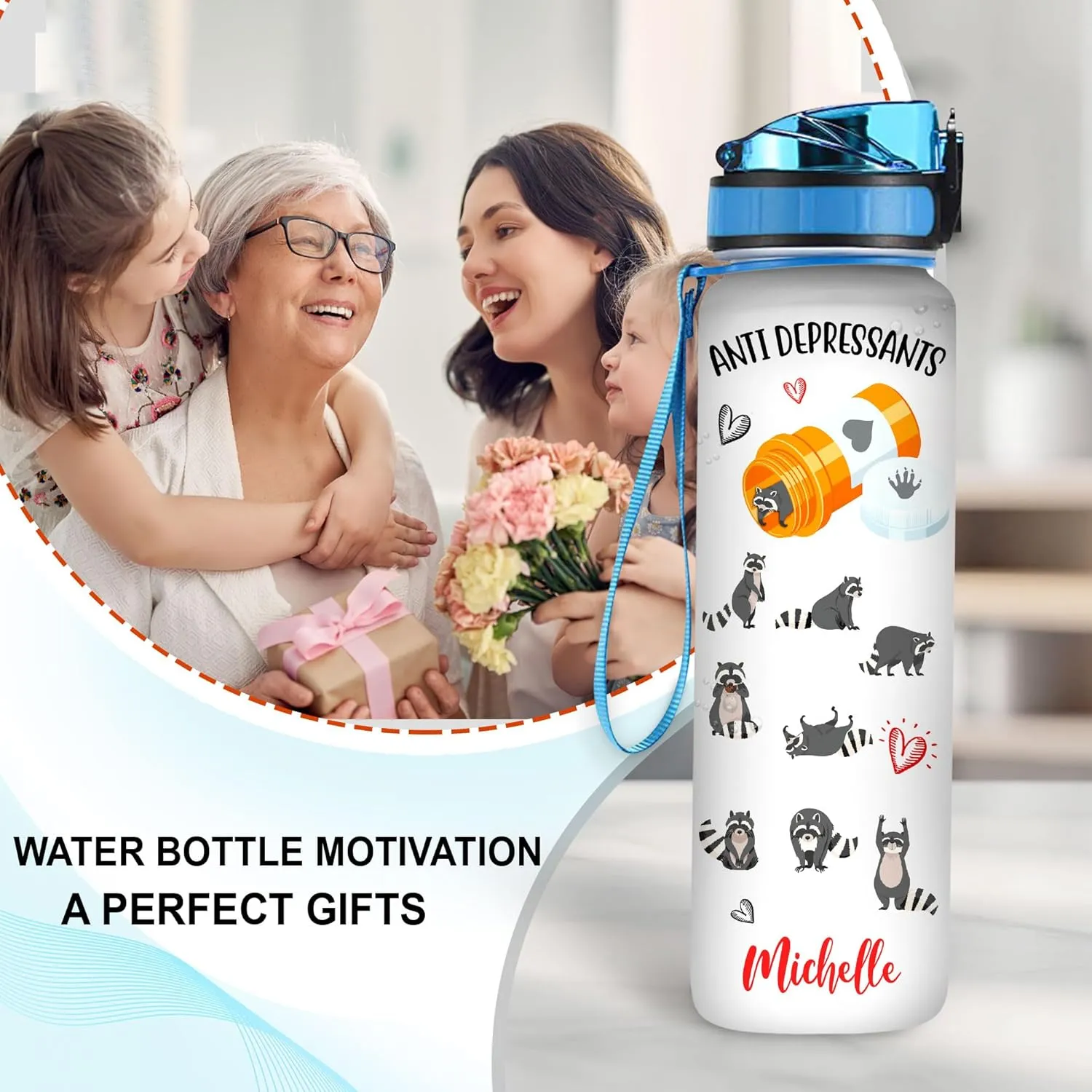Hyturtle Personalized Raccoon Lovers Water Bottle - 32 Oz 1Liter Motivational Bottle With Time Marker, Anti Depressants Raccoon Custom Name, Gift For Animal Lovers, Women, Girls on Birthday