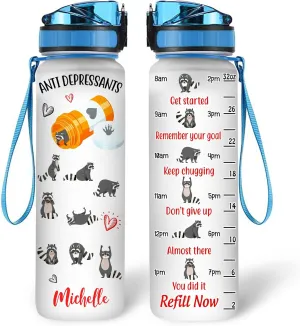 Hyturtle Personalized Raccoon Lovers Water Bottle - 32 Oz 1Liter Motivational Bottle With Time Marker, Anti Depressants Raccoon Custom Name, Gift For Animal Lovers, Women, Girls on Birthday