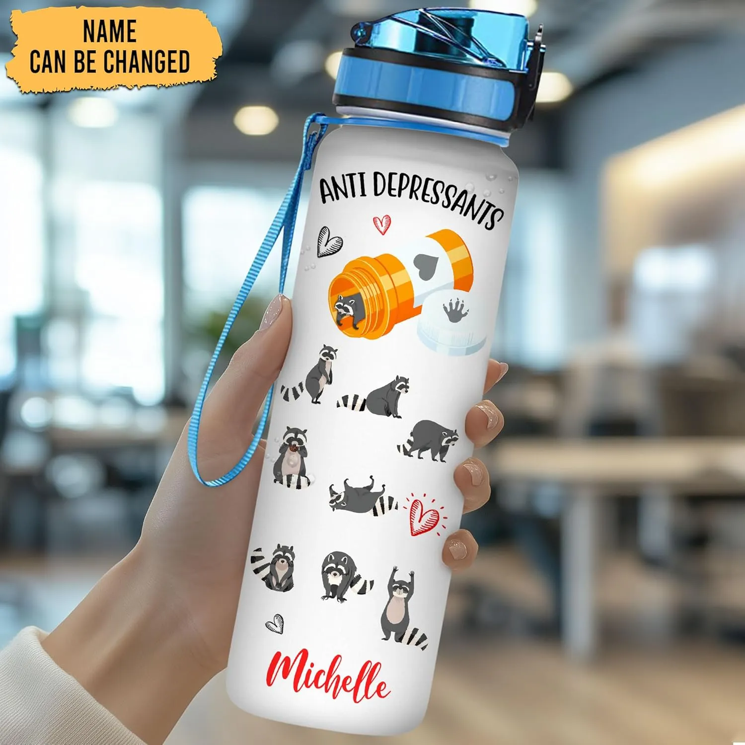 Hyturtle Personalized Raccoon Lovers Water Bottle - 32 Oz 1Liter Motivational Bottle With Time Marker, Anti Depressants Raccoon Custom Name, Gift For Animal Lovers, Women, Girls on Birthday