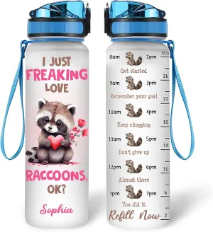Hyturtle Personalized Raccoon Lovers Water Bottle - 32 Oz 1Liter Motivational Bottle With Time Marker, I Just Freaking Love Raccoons Custom Name, Gift For Animal Lovers, Women, Girls on Birthday